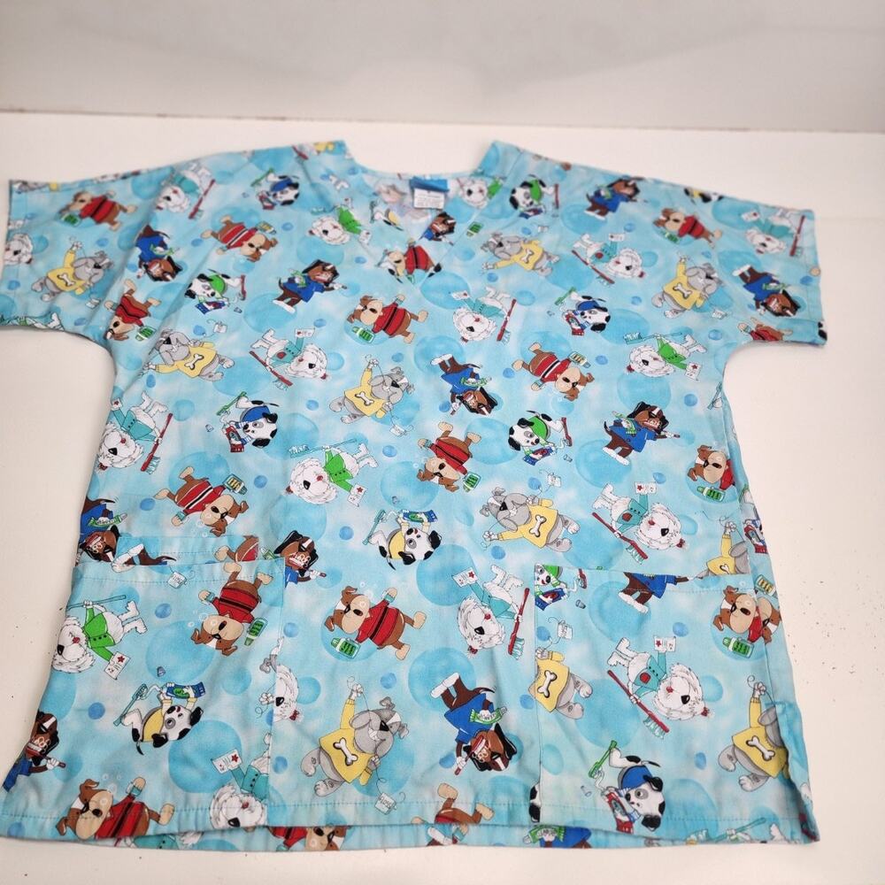 Scrub H.Q. Blue Dental Dogs Short Sleeve Scrubs Top Women's Size S